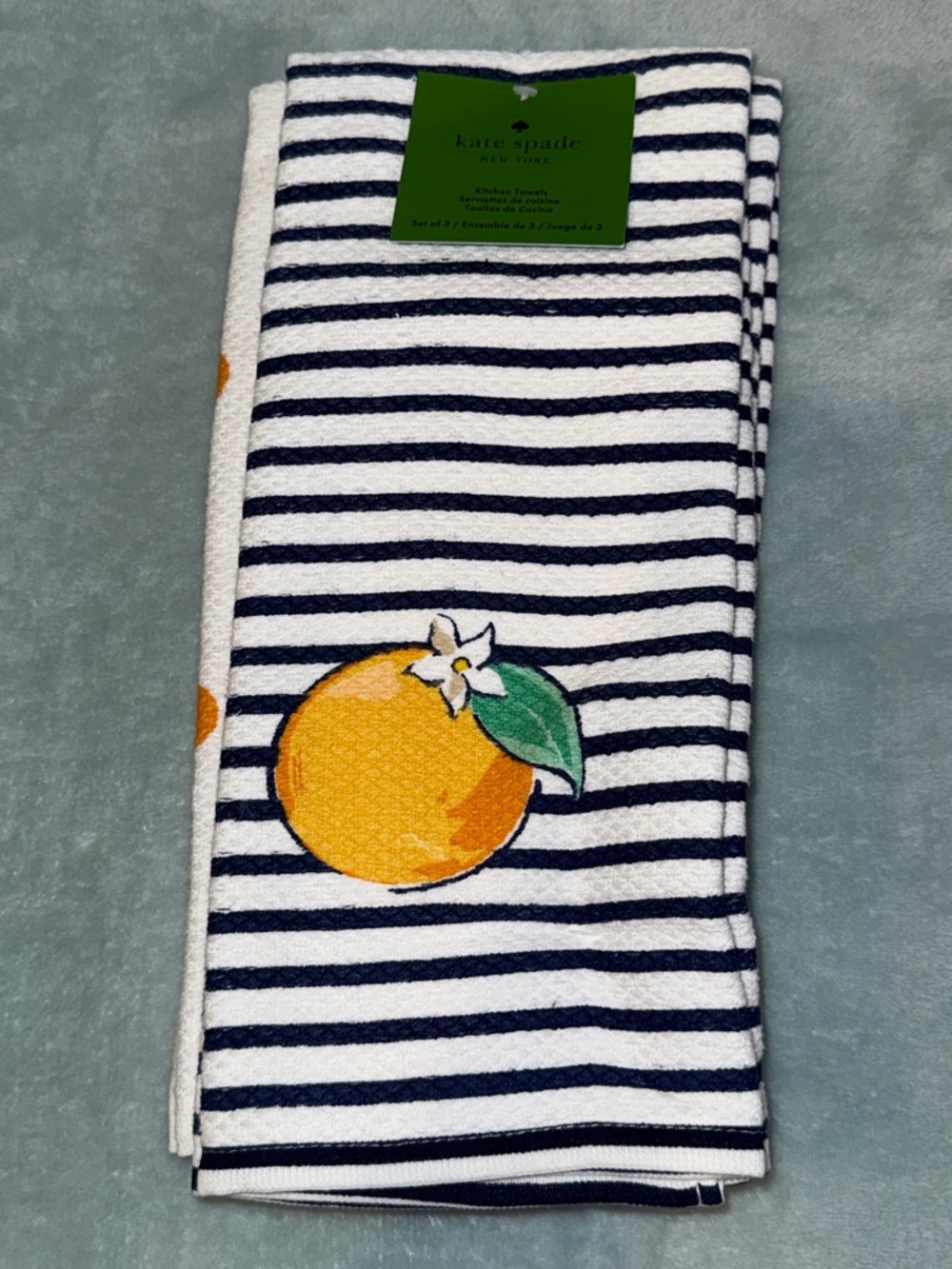 kate spade Navy & White Striped Kitchen Towel with Orange Motif